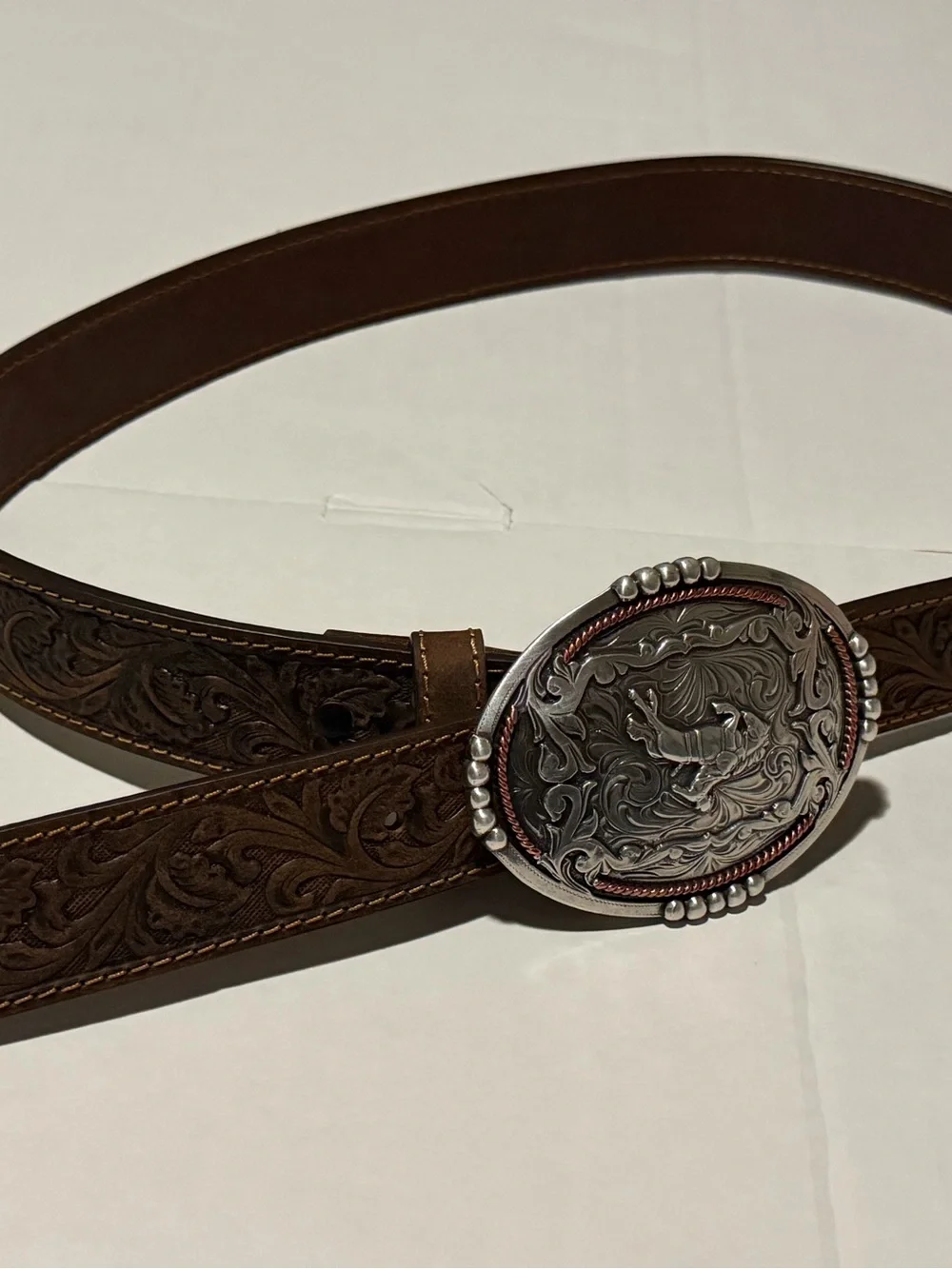 AndWest Men's Western Leather Belt Size 40 Tooled Bronc Rider Buckle BLT214-26